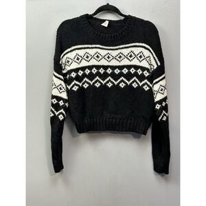 ME TO WE Sweater Juniors XS Black Fair Isle Knit Pullover Crew Neck Long Sleeve